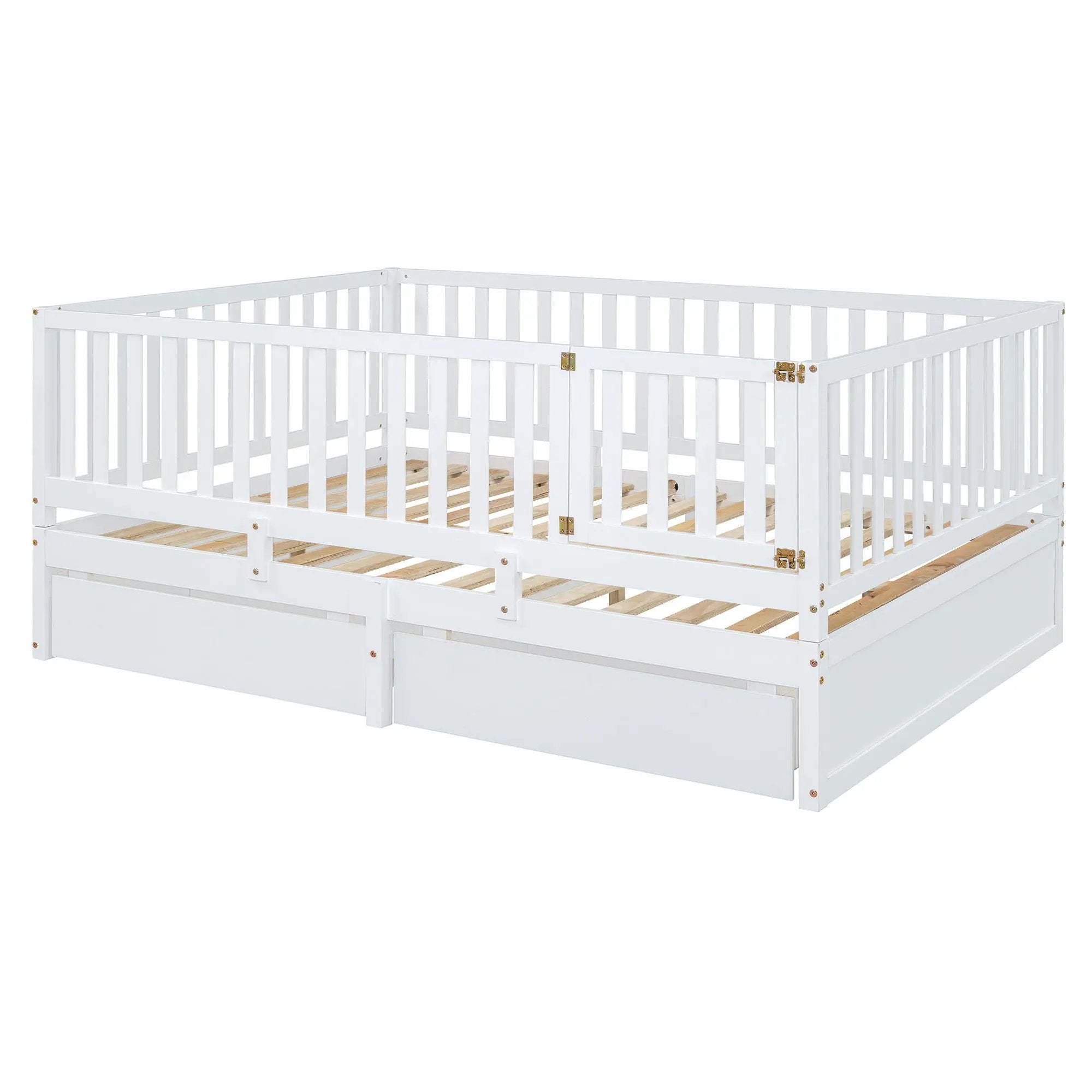 Daybed With Fence Guardrails And 2 Drawers, Split Into Independent Floor Bed & Daybed by HouseOfZazla