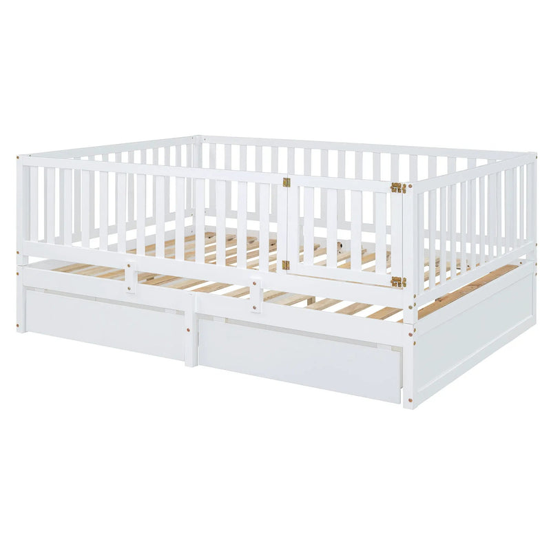 Daybed With Fence Guardrails And 2 Drawers, Split Into Independent Floor Bed & Daybed by HouseOfZazla
