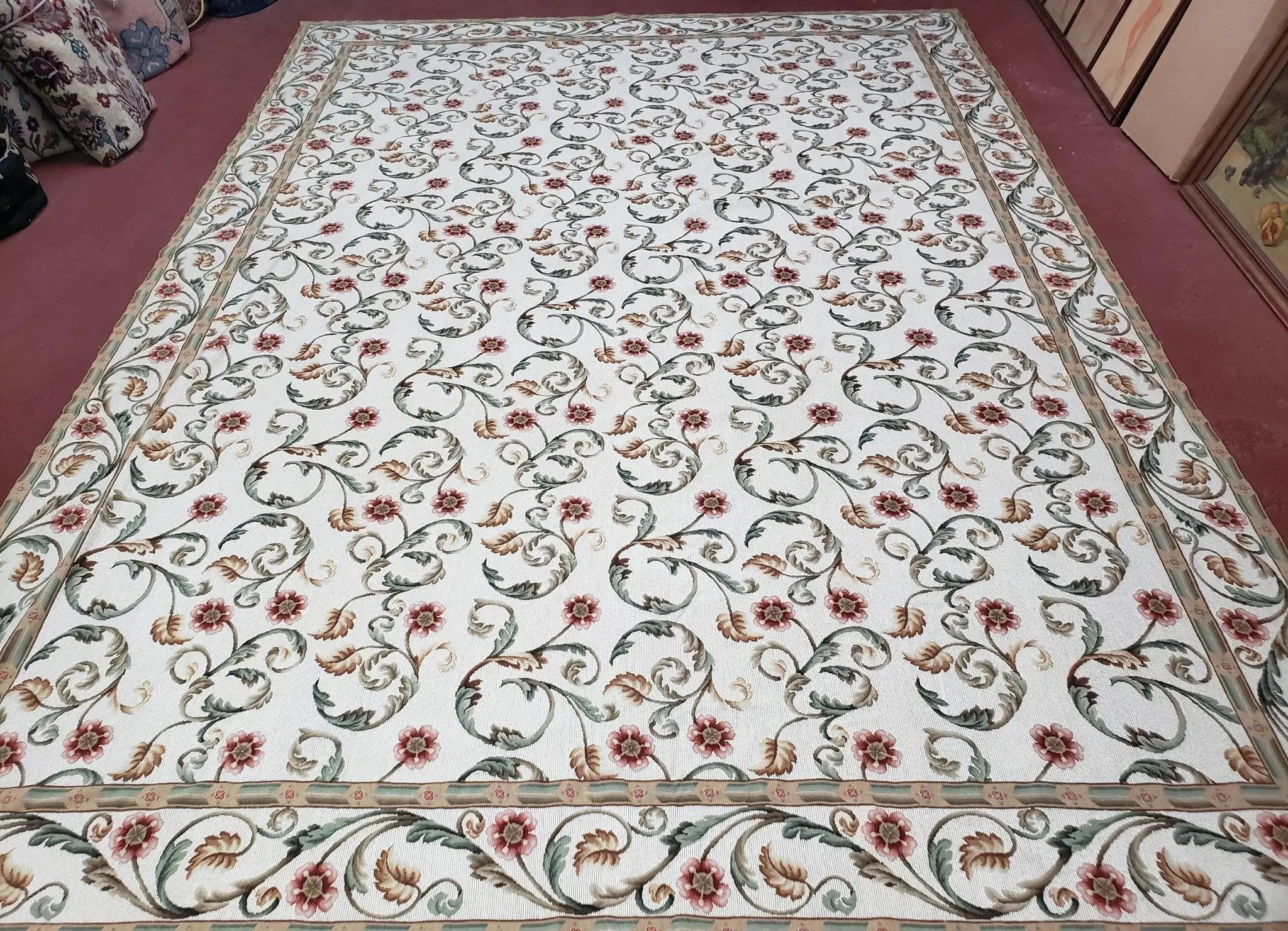 Needlepoint Rug 9x12, European Aubusson Design, Floral Allover Garden Pattern, New Needlepoint Area Rug, Ivory Rug, Hand Woven, Flatweave by Jewel Rugs
