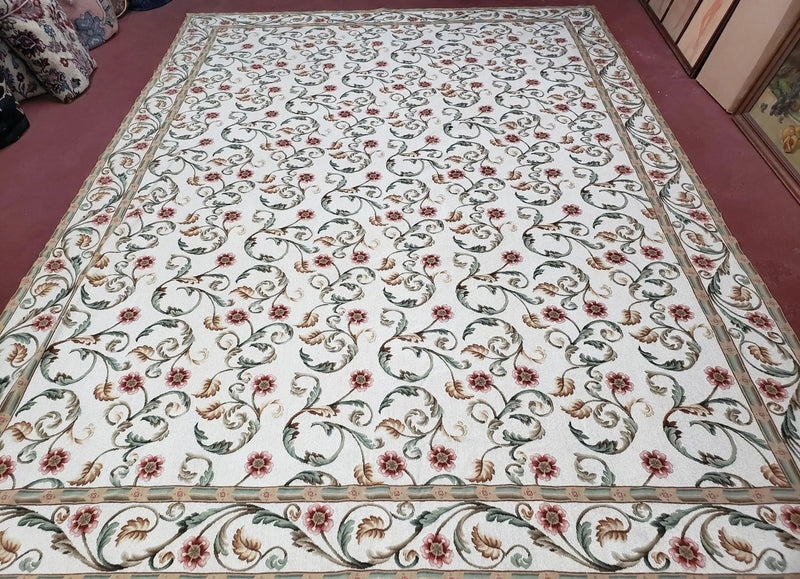 Needlepoint Rug 9x12, European Aubusson Design, Floral Allover Garden Pattern, New Needlepoint Area Rug, Ivory Rug, Hand Woven, Flatweave by Jewel Rugs