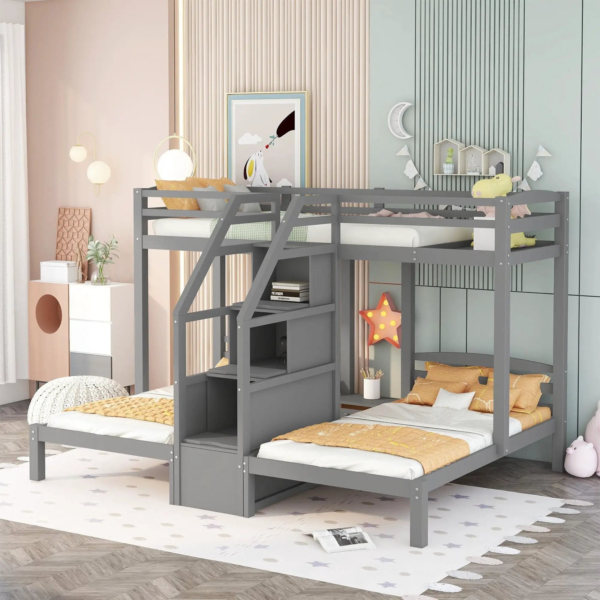 Twin Over Twin & Twin Bunk Bed With Built In Staircase And Storage Drawer - Gray by Unique Piece Furniture