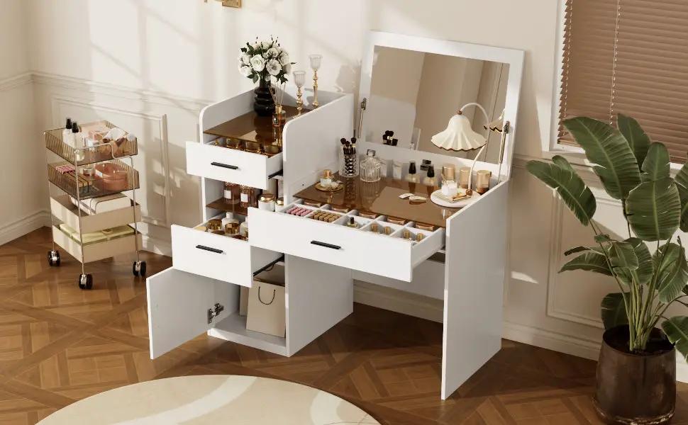 3-in-1 Vanity Desk with Flip Top Mirror, Glass Top Compact Makeup Vanity & Hidden Storage by HouseOfZazla