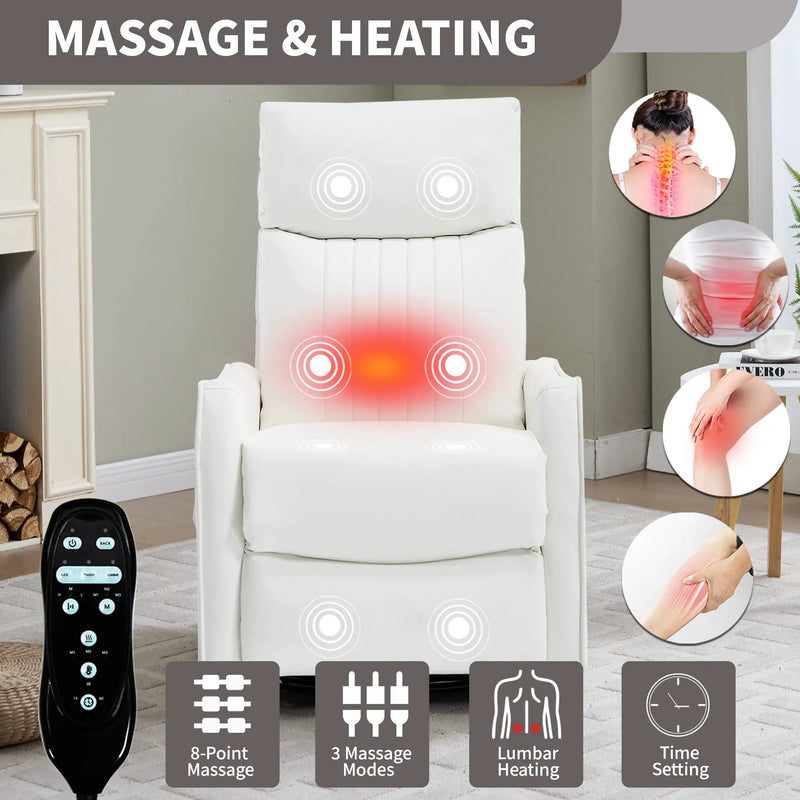 White Heat Massage Manual Recliner Chair with Rocker and Swivel in Faux Leather by HouseOfZazla