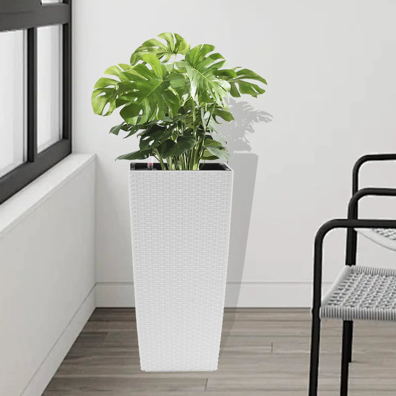 Indoor/Outdoor Modern Faux Rattan Design Square Planter, 22.6 inch White Plastic Large Planter with Automatic Watering System for Home and Garden (White, 22.6 inch - 2 Pack) by HouseOfZazla