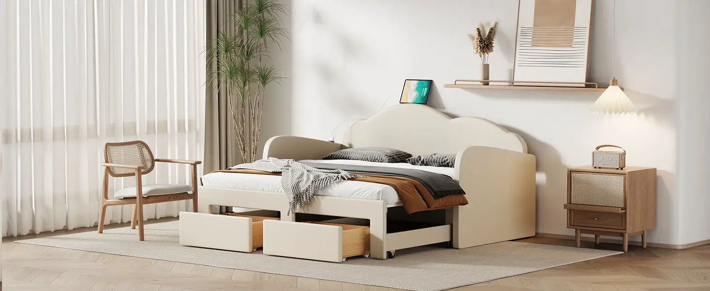Upholstered Daybed With Cloud-Shaped Backrest, Trundle & 2 Drawers And USB Ports by HouseOfZazla