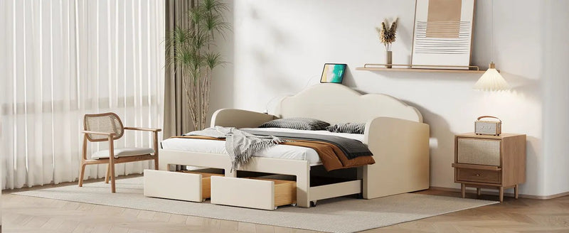 Upholstered Daybed With Cloud-Shaped Backrest, Trundle & 2 Drawers And USB Ports by HouseOfZazla