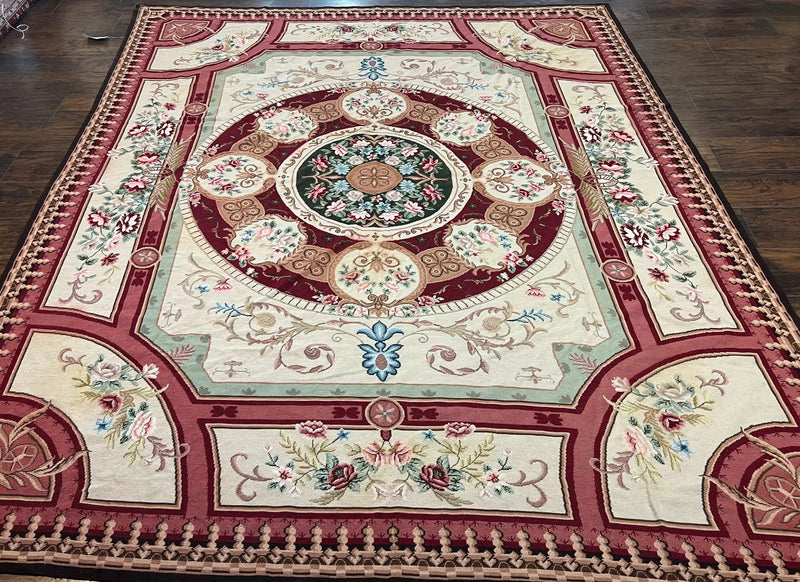 Needlepoint Rug 7.9 x 9, Beige Maroon Rose, Handmade Handwoven Flatweave Aubusson Savonnerie French European Elegant Carpet, Wool Rug by Jewel Rugs