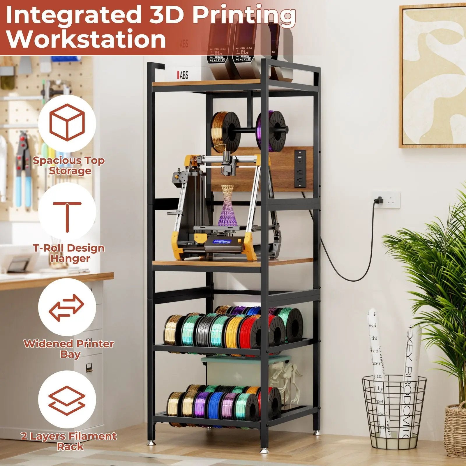 3D Printer Stand With Filament Storage, T-Type Holder, Built In Power Panelб Open Frame Printer Workstation - Black by Unique Piece Furniture