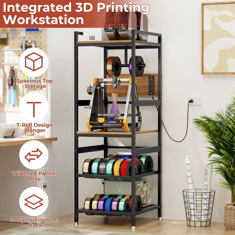 3D Printer Stand With Filament Storage, T-Type Holder, Built In Power Panelб Open Frame Printer Workstation - Black by Unique Piece Furniture