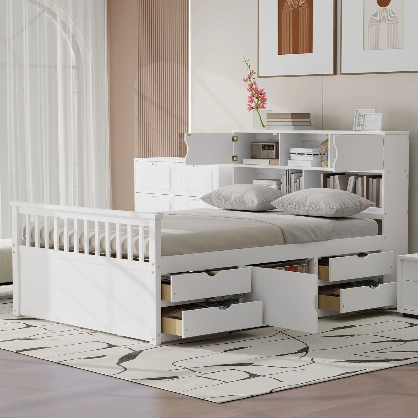 Captain Platform Bed Frame With Bookcase Headboard, 4 Drawers, Storage Shelves by HouseOfZazla
