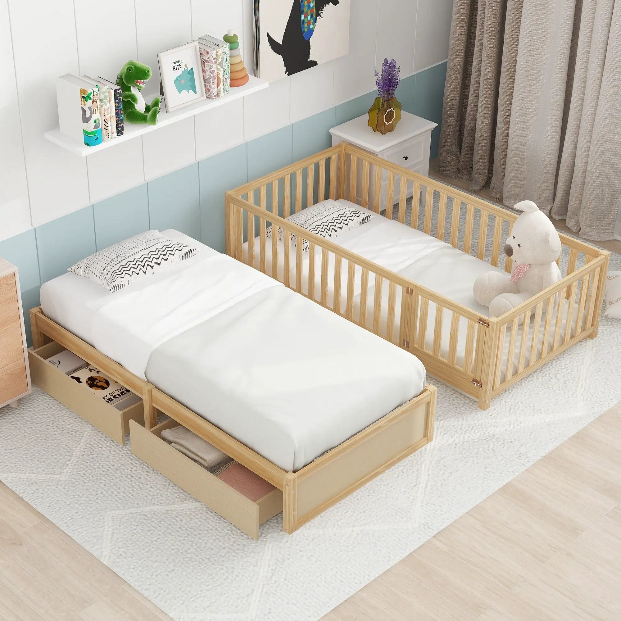 Daybed With Fence Guardrails And 2 Drawers, Split Into Independent Floor Bed & Daybed by HouseOfZazla