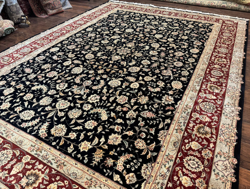 Sino Persian Rug 9x12, Fine Elegant Oriental Carpet 200 KPSI, Black and Dark Red, Allover Floral by Jewel Rugs