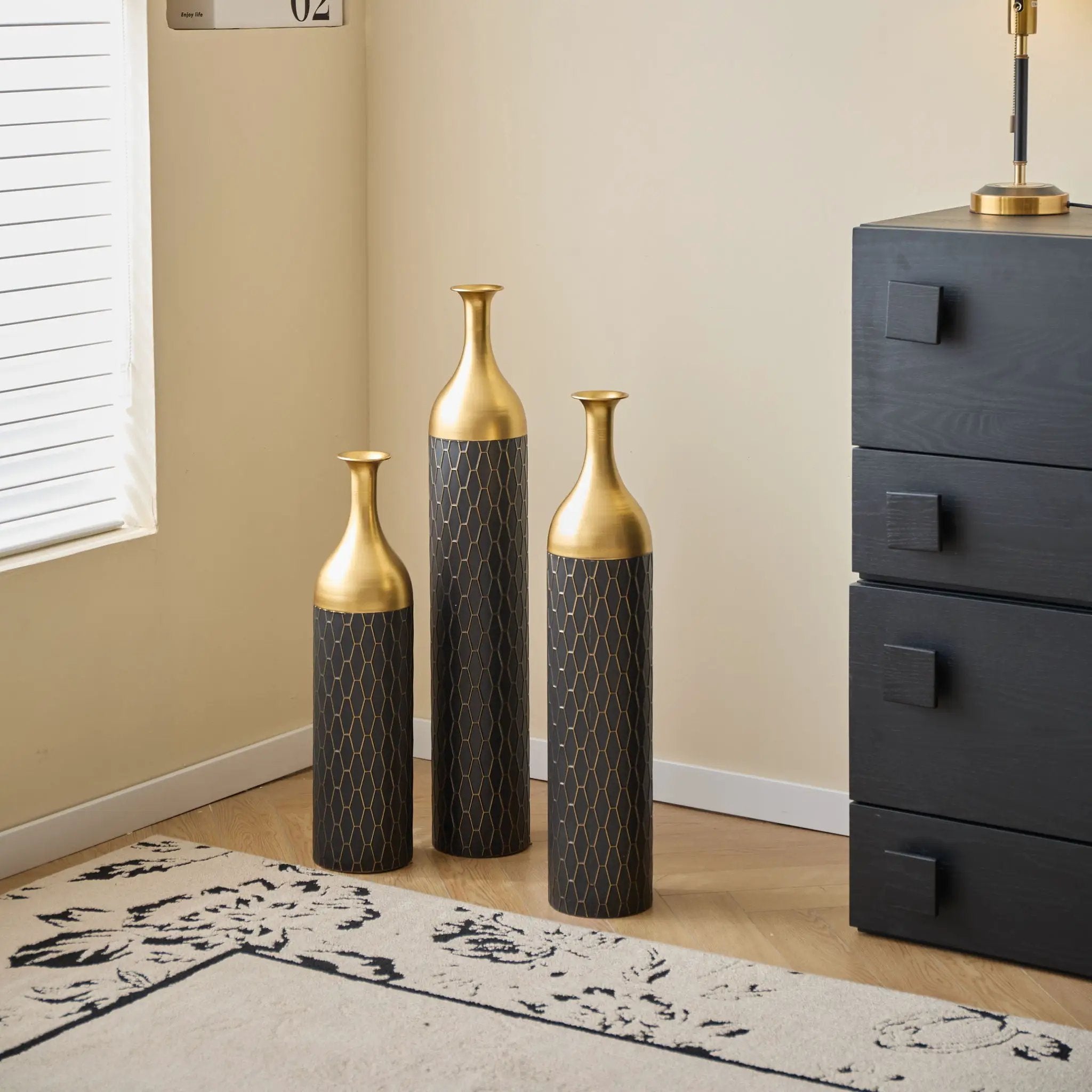 Elegant Floor Vase Set Metal Decorative Vases 3 Piece Set For Floral Display, Wedding & Gift Decor - Gold / Black by HouseOfZazla