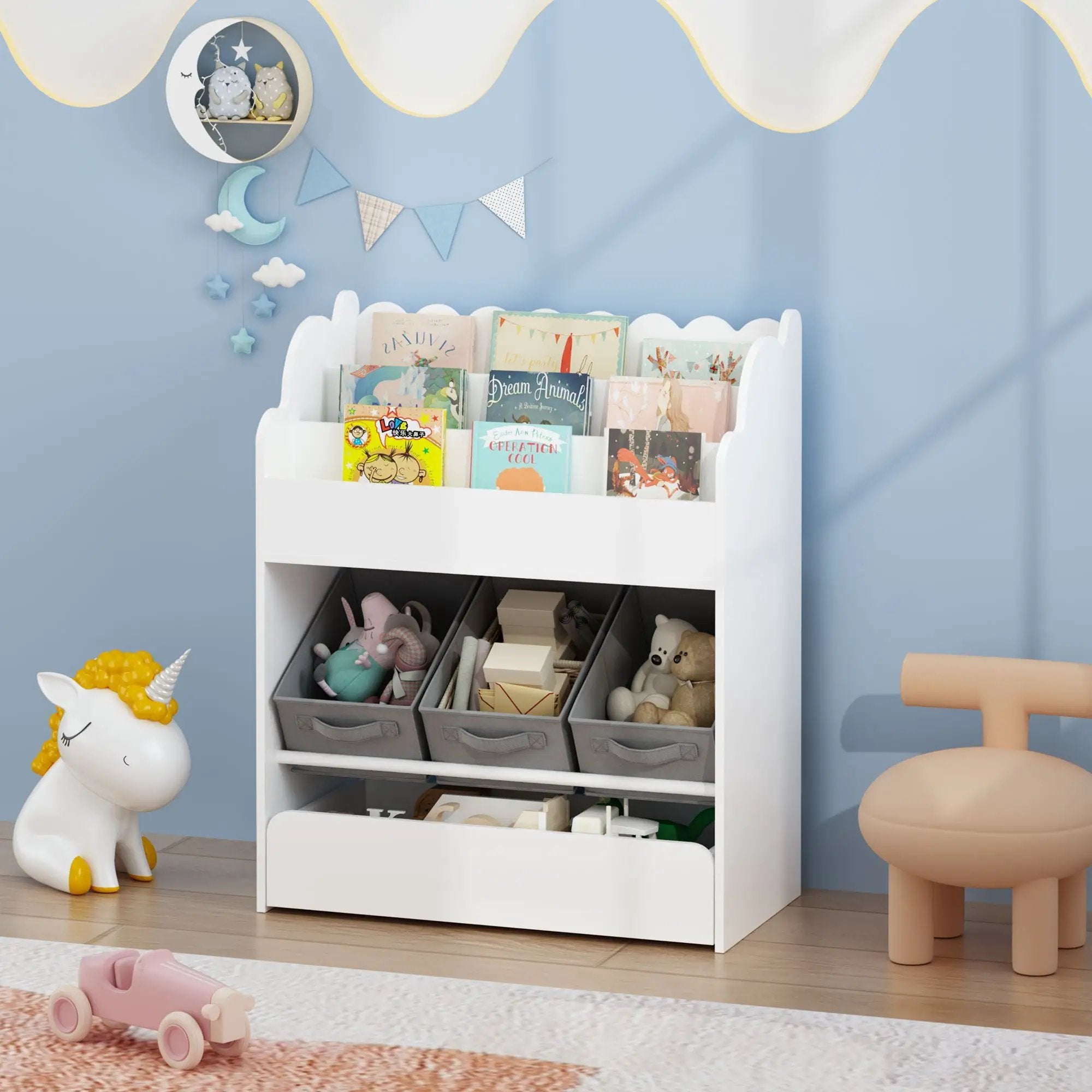Bookshelf With Storage Bins And Drawer, Multi Functional Book Organizer For Toddlers - White by HouseOfZazla