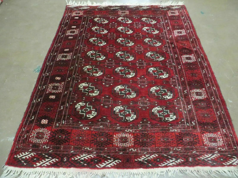 4' 5" X 5' 7" Semi Antique Handmade Afghan Yamud Turkoman Bokhara Wool Rug by Jewel Rugs