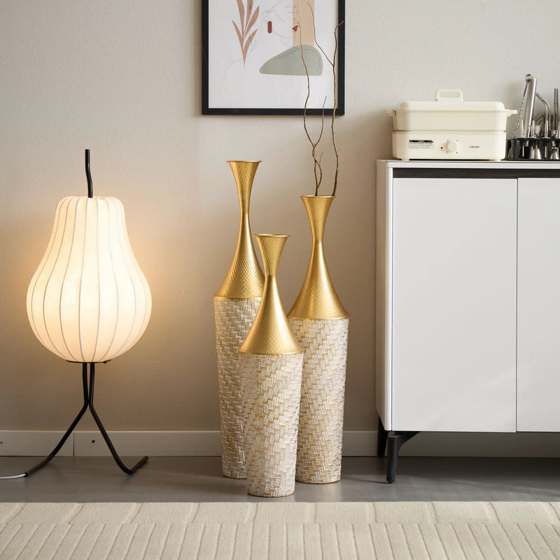 Floor Metal Vase Modern Style Decoration Home Woven Pattern Metal Vase 3 Piece Set Gorgeous Home Decoration Large Glazed Metal Vase - Champagne by HouseOfZazla