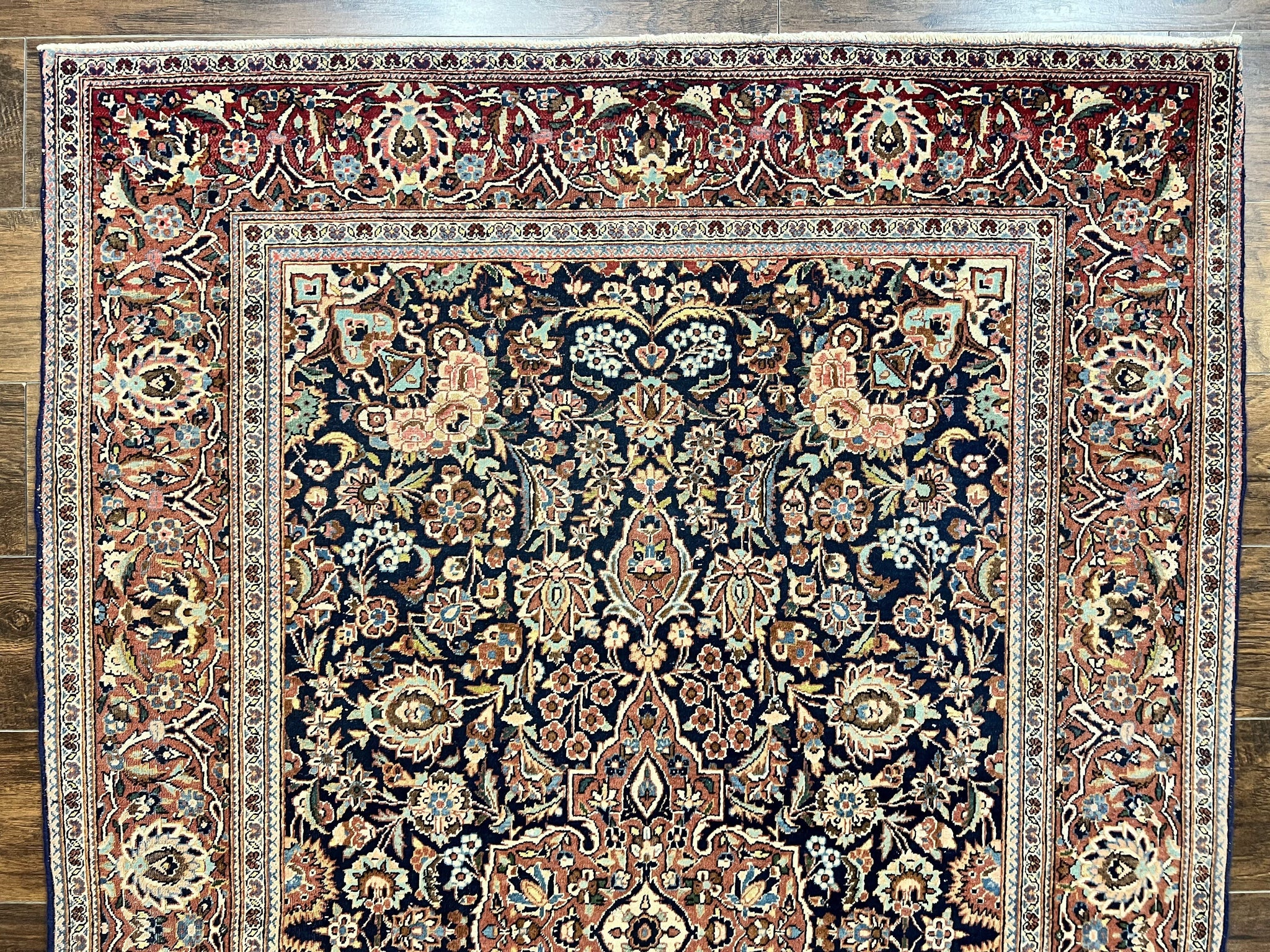 Persian Kashan Rug 4x7, Floral Medallion Vintage Handmade Hand Knotted Navy Blue & Red Wool Oriental Carpet, Highly Detailed Semi Antique Rug by Jewel Rugs