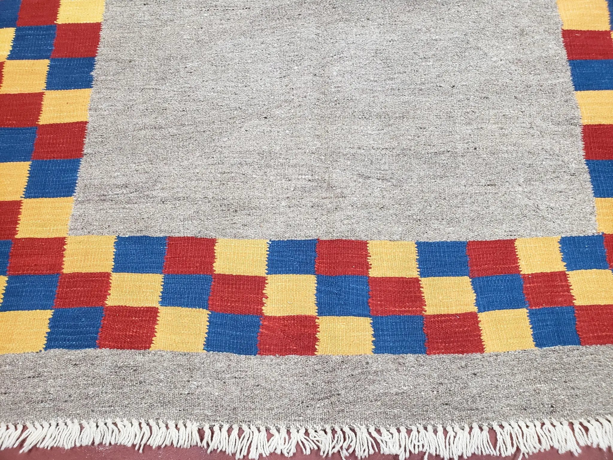 New Turkish Kilim Area Rug, Gray Carpet With Colorful Checker Border, 5'6" x 8", Flatweave Carpet, Playroom Rug, Kids Room Rug, Hand-Knotted by Jewel Rugs