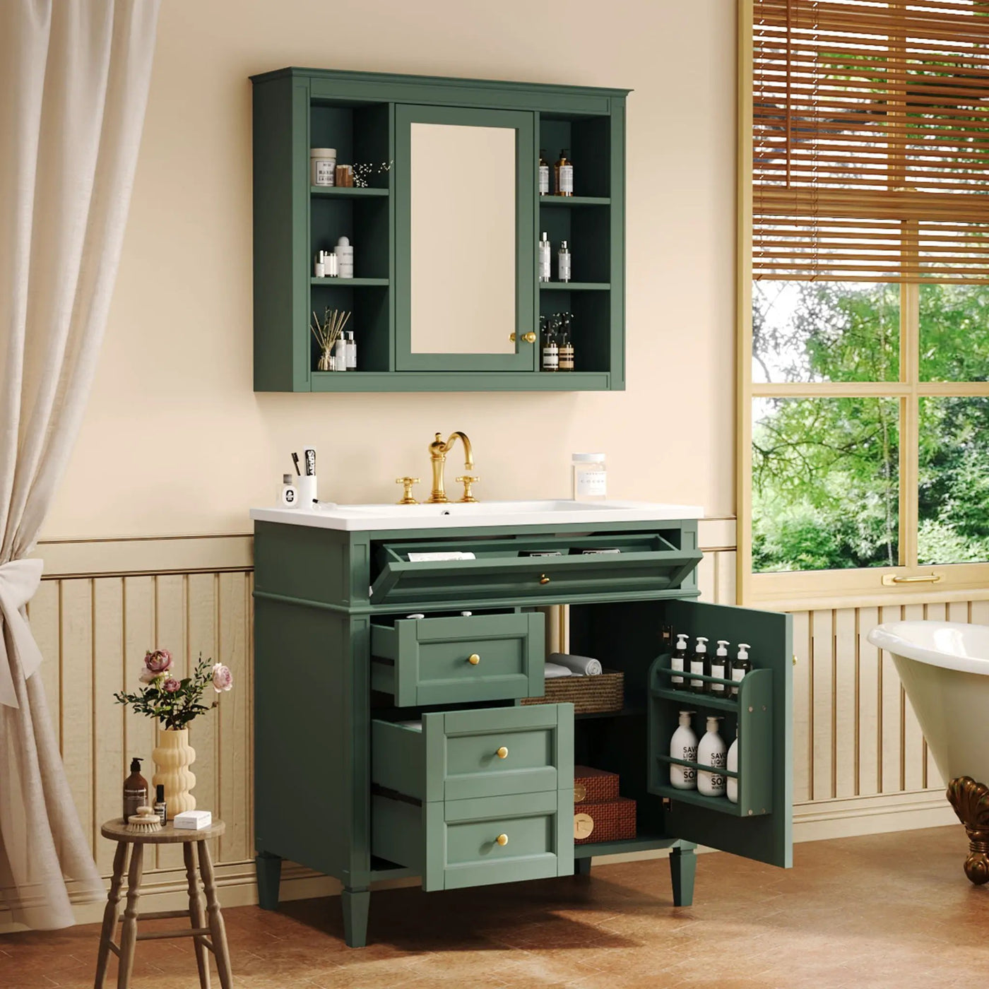 Bathroom Vanity With Mirror Cabinet, Single Sink With 2 Soft Closing Doors And 4 Drawers by Unique Piece Furniture