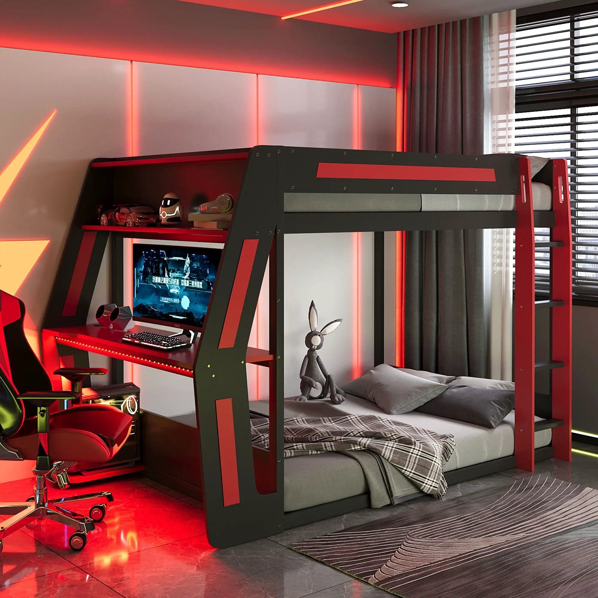 Full-Size Gaming Bunk Bed with Side-Mounted Oversized RGB Desk by HouseOfZazla
