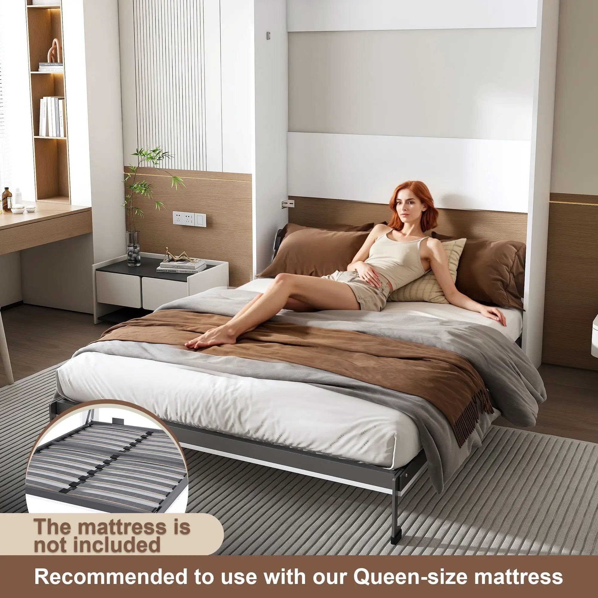 Queen Murphy Bed, Foldable Wall Bed, Space Saving Design For Bedrooms - White by Unique Piece Furniture