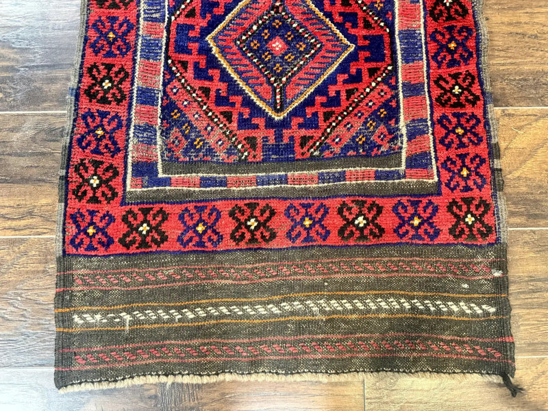 Turkoman Runner Rug 2 x 8.6, Skinny Runner, Handmade Wool Carpet for Hallway, Red and Blue, Wool, Vintage 8ft Runner by Jewel Rugs