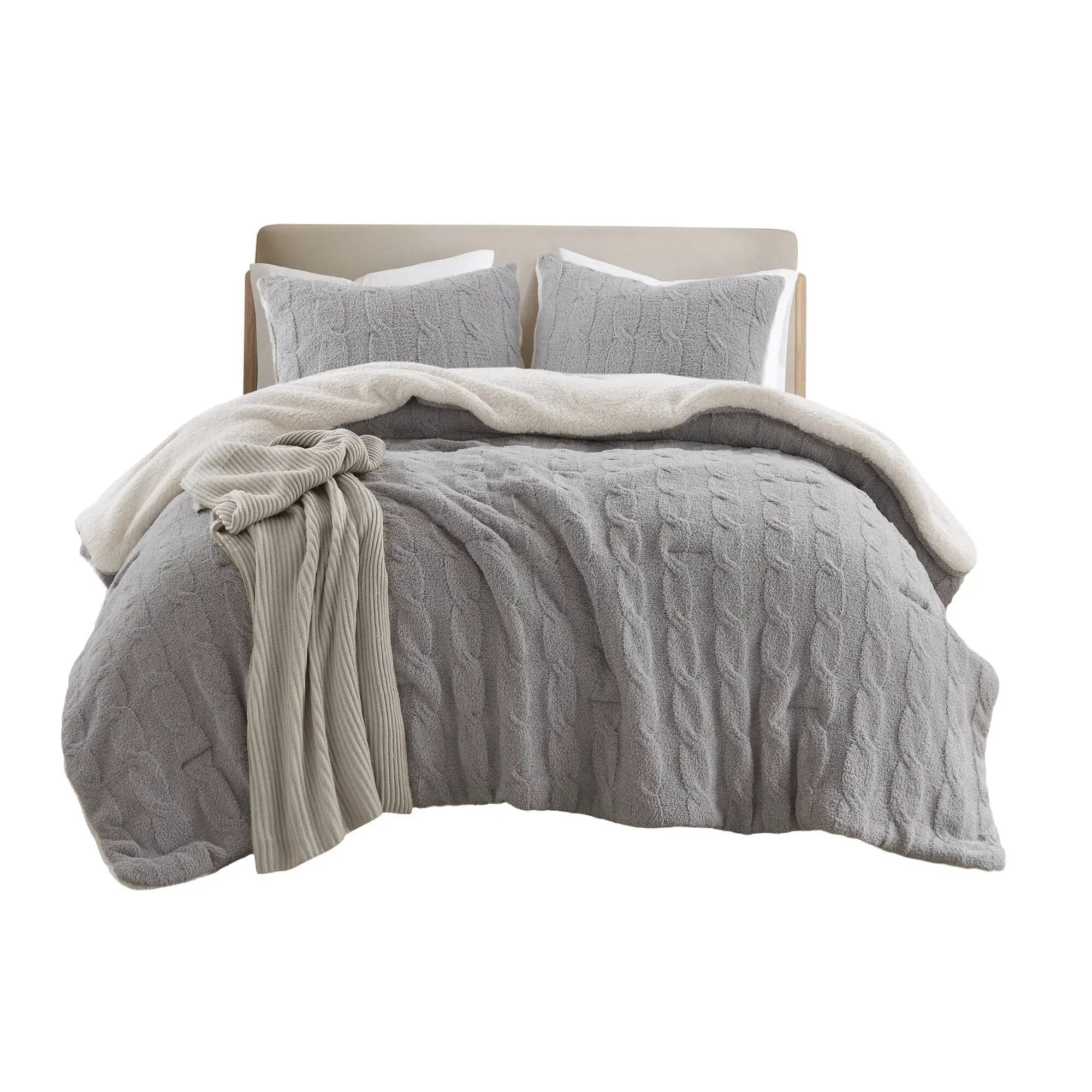 3 Pieces Full/Queen Cable Knit Chenille Comforter Set Gray by HouseOfZazla