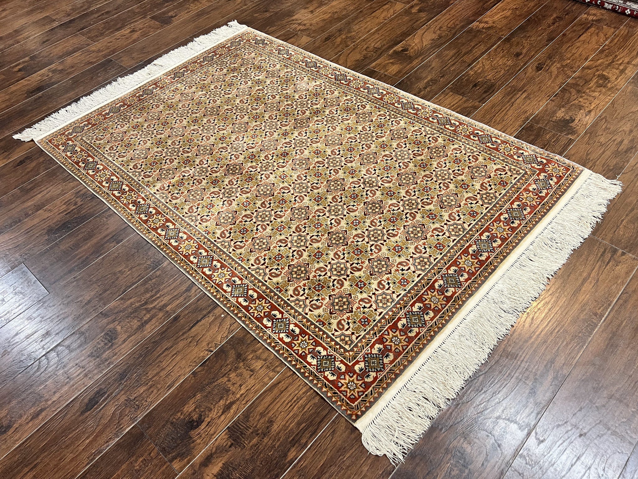 Turkish Kayseri Silk Rug 4x6, Hand Knotted Handmade Vintage Allover Pattern, Fine Silk Oriental Carpet 4 x 6 ft, Traditional Rug, Cream by Jewel Rugs