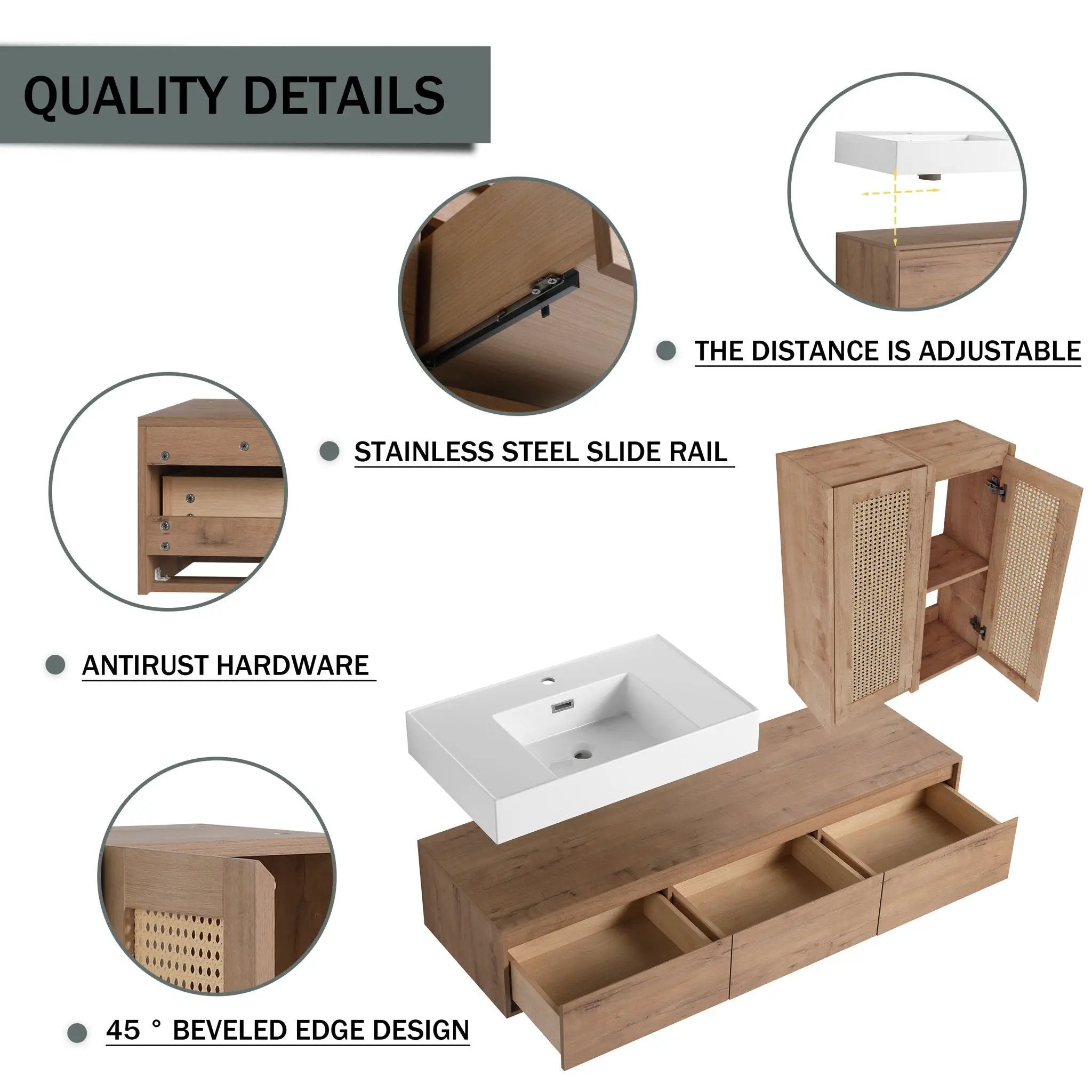 Modern Wall Mounted Bathroom Vanity With Resin Sink And 2 Side Cabinet, Imitative, Construction - Imitative Oak by Unique Piece Furniture