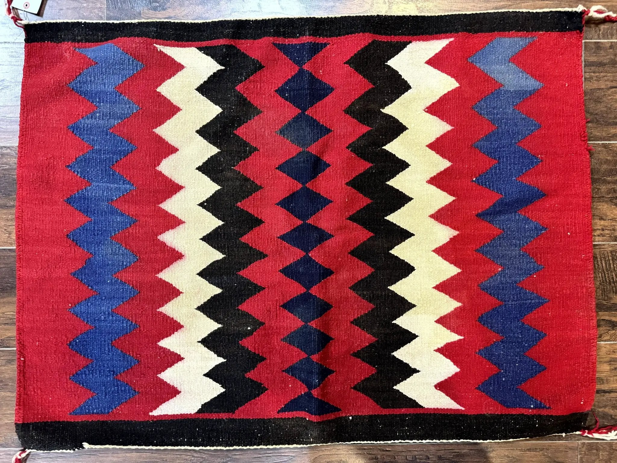 Antique Navajo Rug 3.7 x 2.8, Red Ivory Blue, Zig Zag Pattern, Handmade, Wool by Jewel Rugs