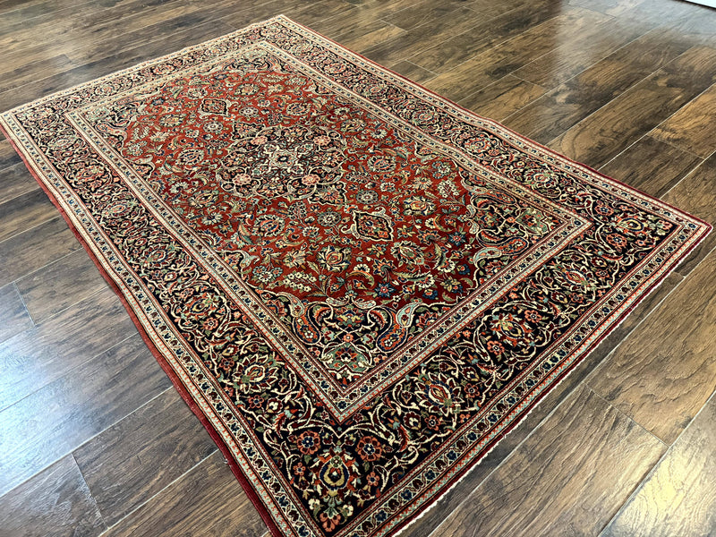 Persian Kashan Rug 4x7, Red and Navy Blue, Floral Antique Carpet by Jewel Rugs