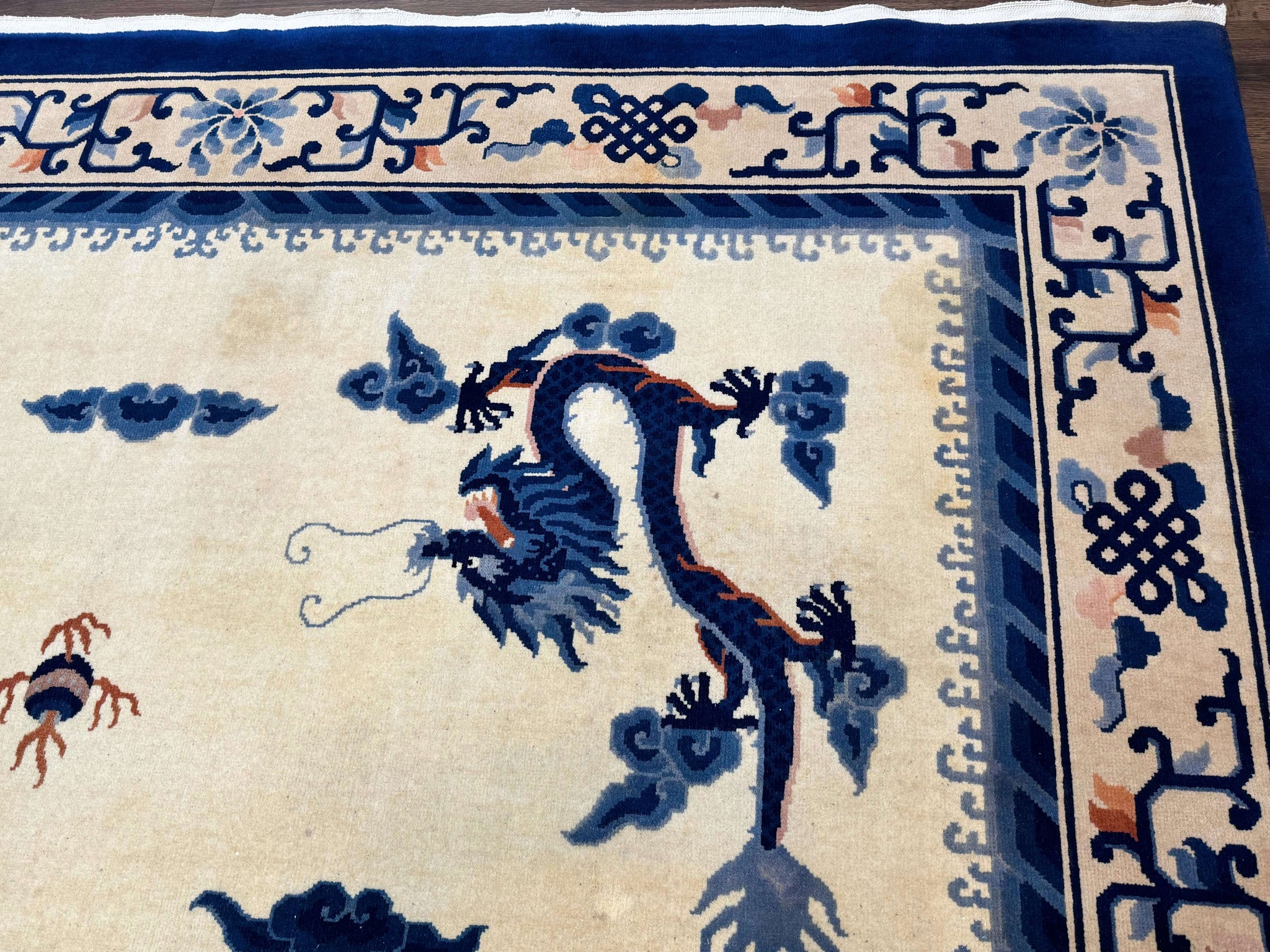Chinese Dragon Peking Rug 8 x 11.6, Ivory and Blue, Chinese Wool Rug, Vintage by Jewel Rugs