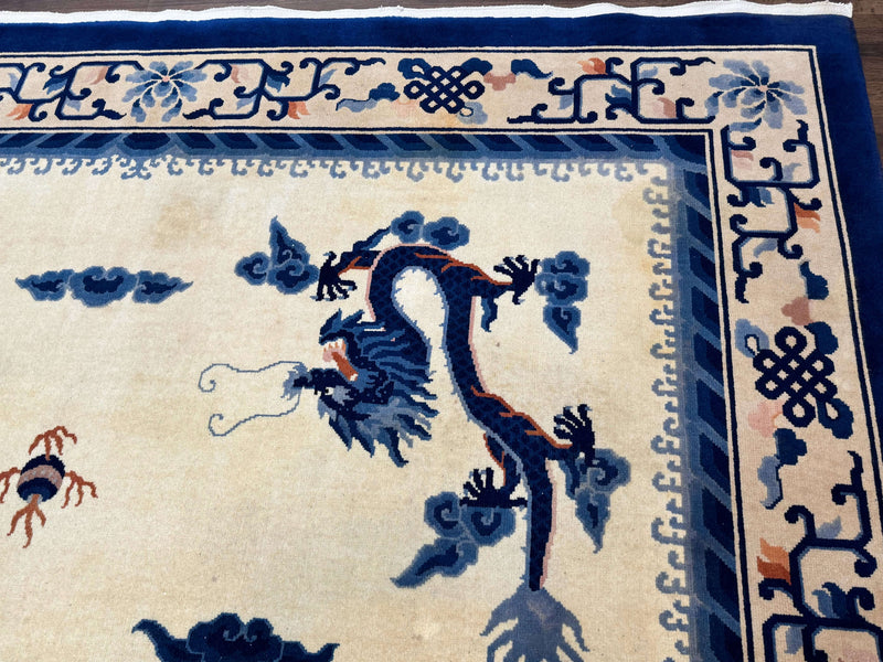Chinese Dragon Peking Rug 8 x 11.6, Ivory and Blue, Chinese Wool Rug, Vintage by Jewel Rugs