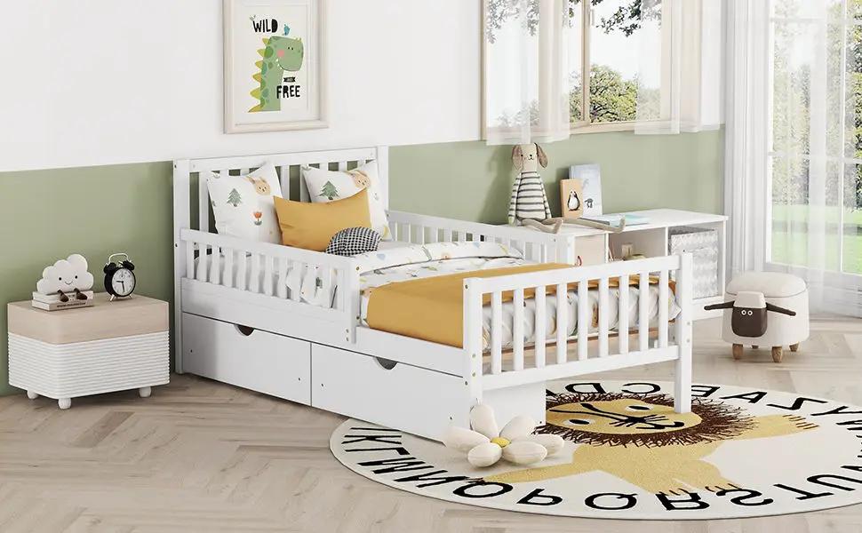 Platform Bed With Guardrails On Both Sides And 2 Storage Drawers by HouseOfZazla