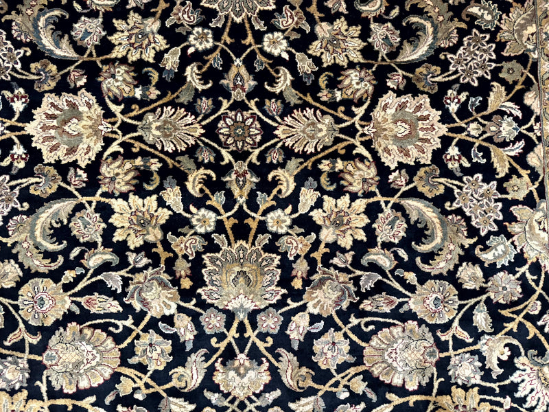 Indo Persian Rug 8x10, Black and Green, Wool, Handmade, Traditional, Floral Allover, Vintage by Jewel Rugs