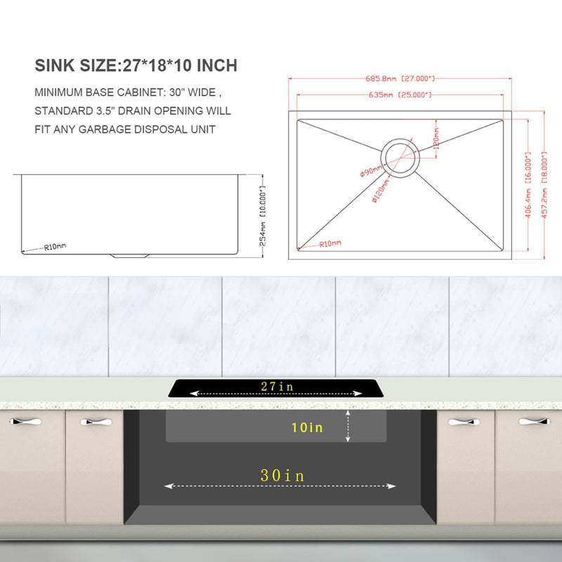 Modern Undermount Stainless Steel Kitchen Sink 16 Gauge, Deep Single Bowl by HouseOfZazla
