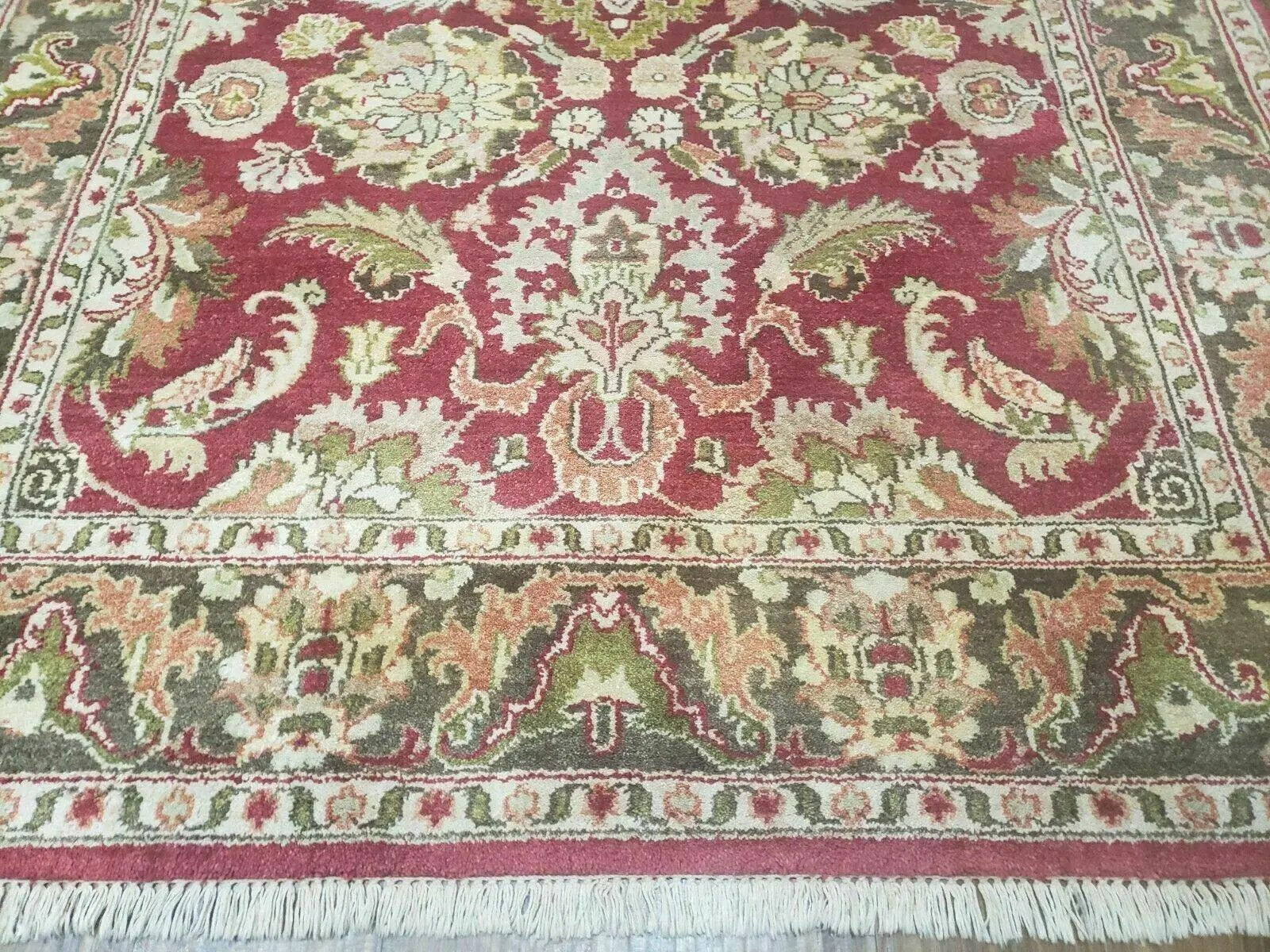 Indo Persian Rug 6x9, Hand Knotted Vintage Indian Sultanabad Agra Wool Rug, Handmade Oriental Carpet 6 x 9, Red Large Floral Design by Jewel Rugs