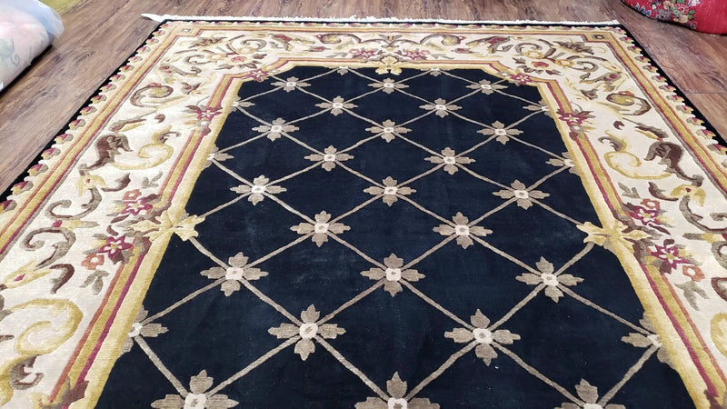 Nepal Rug 6x9, New Aubusson Nepalese Tibetan Carpet 6'1" x 8' 8", Hand-Knotted Wool, Unused, Black & Cream, Savonnerie Pattern, Soft Pile by Jewel Rugs