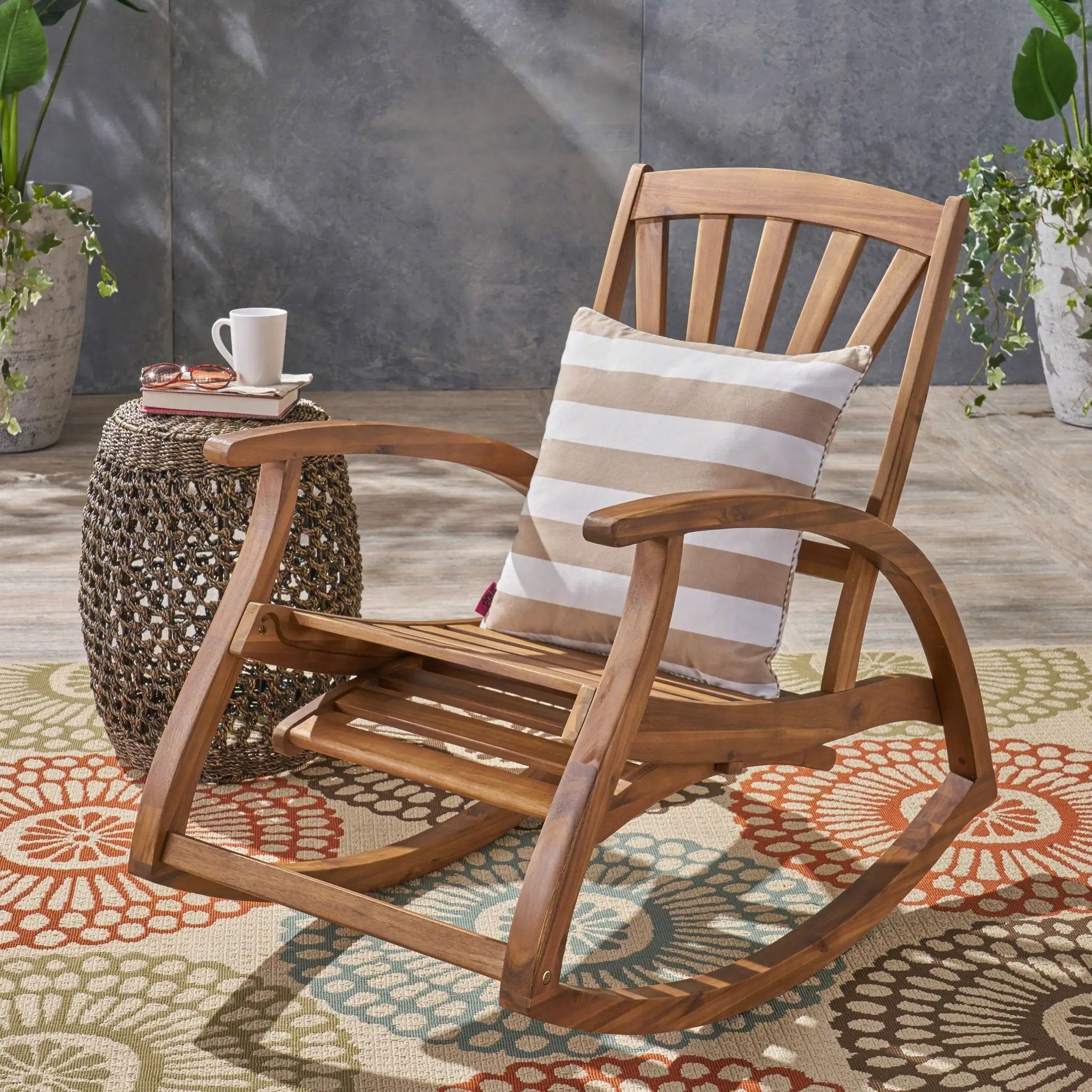 Outdoor Acacia Wood Rocking Chair with Retractable Foot Panel by HouseOfZazla