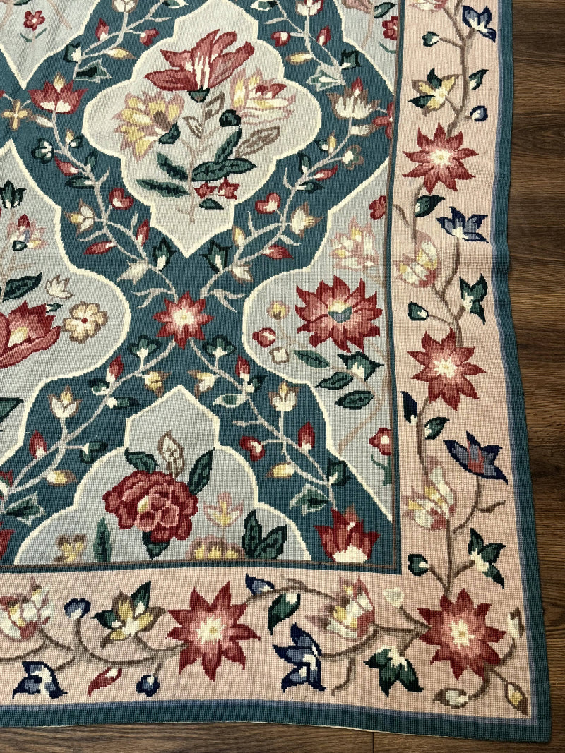 Teal Needlepoint Rug 6x9, Panel Design, Floral Bouquets, Handmade by Jewel Rugs