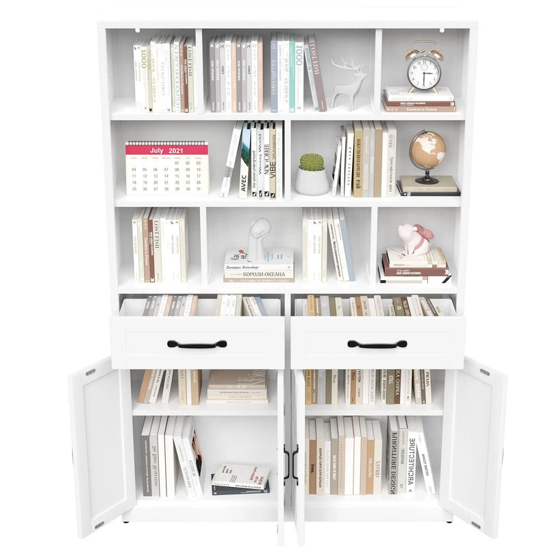 Bookcase Tall With 2 Doors & 2 Drawers, Fixed Open Shelves - White by HouseOfZazla