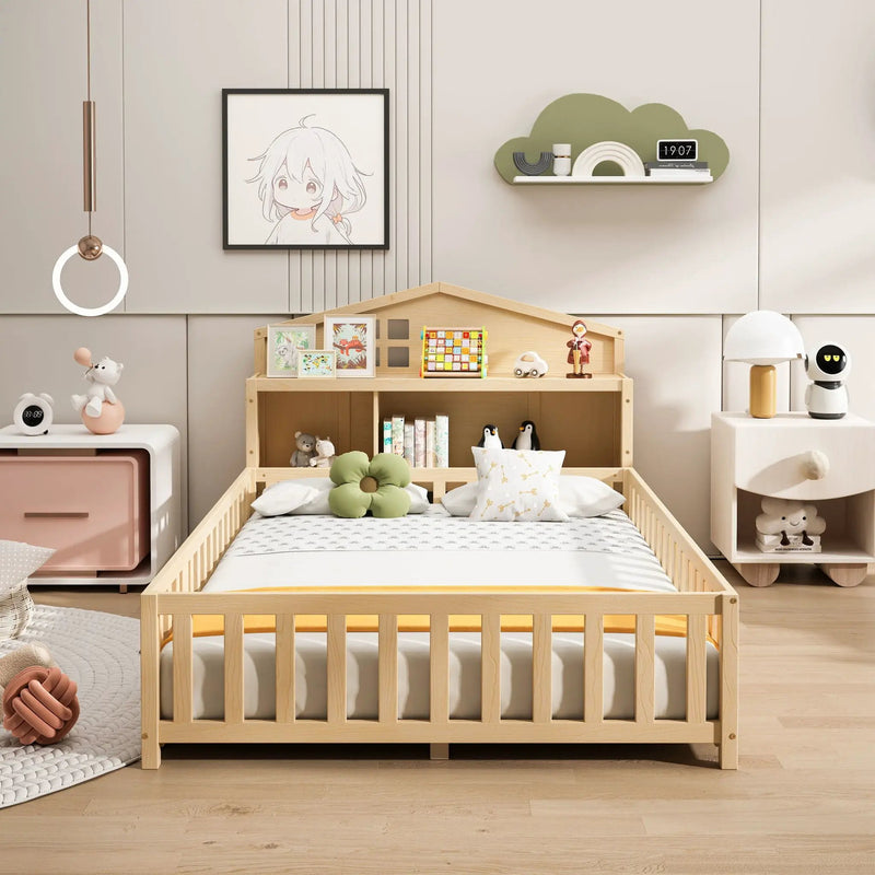Full Size Montessori Floor Bed With Bookcases And boards, Solid Wood Platform Bed With Guard Rails And Storage Headboards - Natural by Unique Piece Furniture