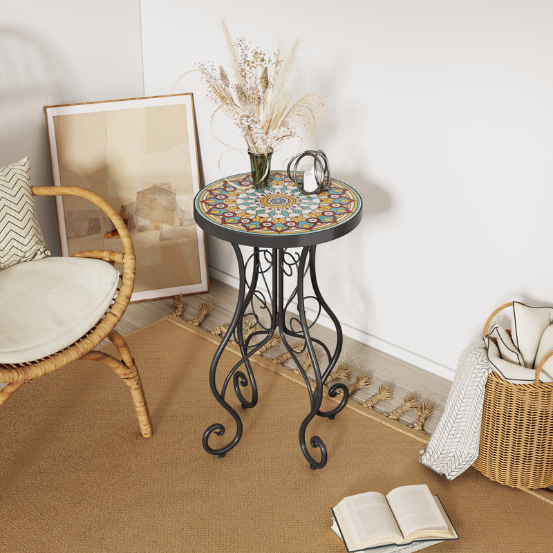 Round Ceramic Outdoor Side Table, Colorful + Black by HouseOfZazla