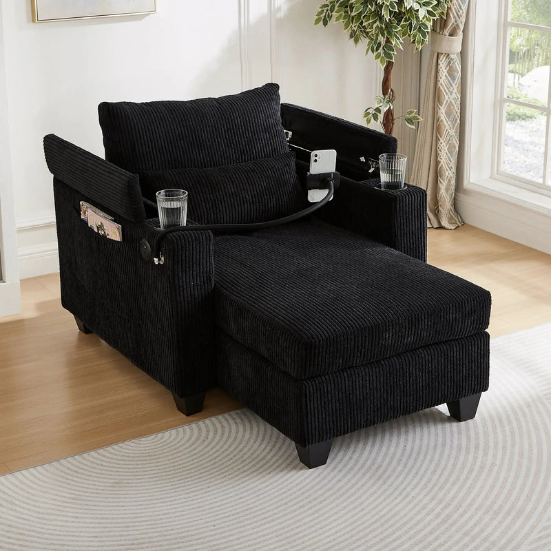 Convertible Chaise Lounge Sofa Chair With USB Ports, Cup Holders, Phone Holder And Storage by HouseOfZazla