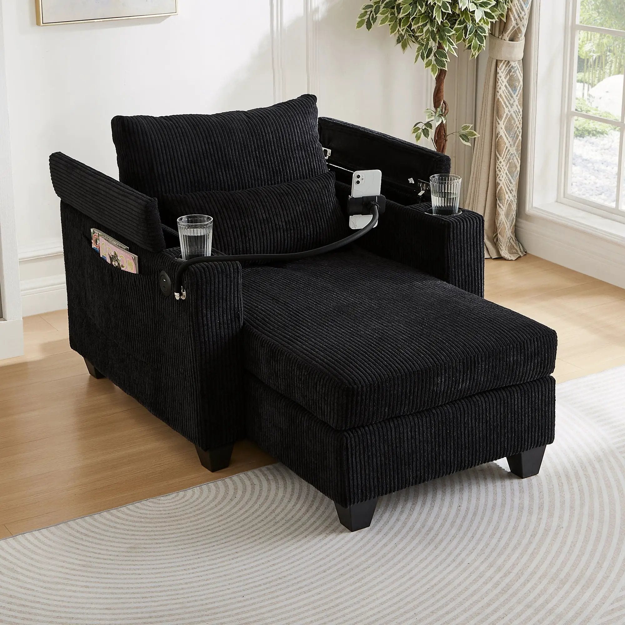 Convertible Chaise Lounge Sofa Chair With USB Ports, Cup Holders, Phone Holder And Storage by Unique Piece Furniture