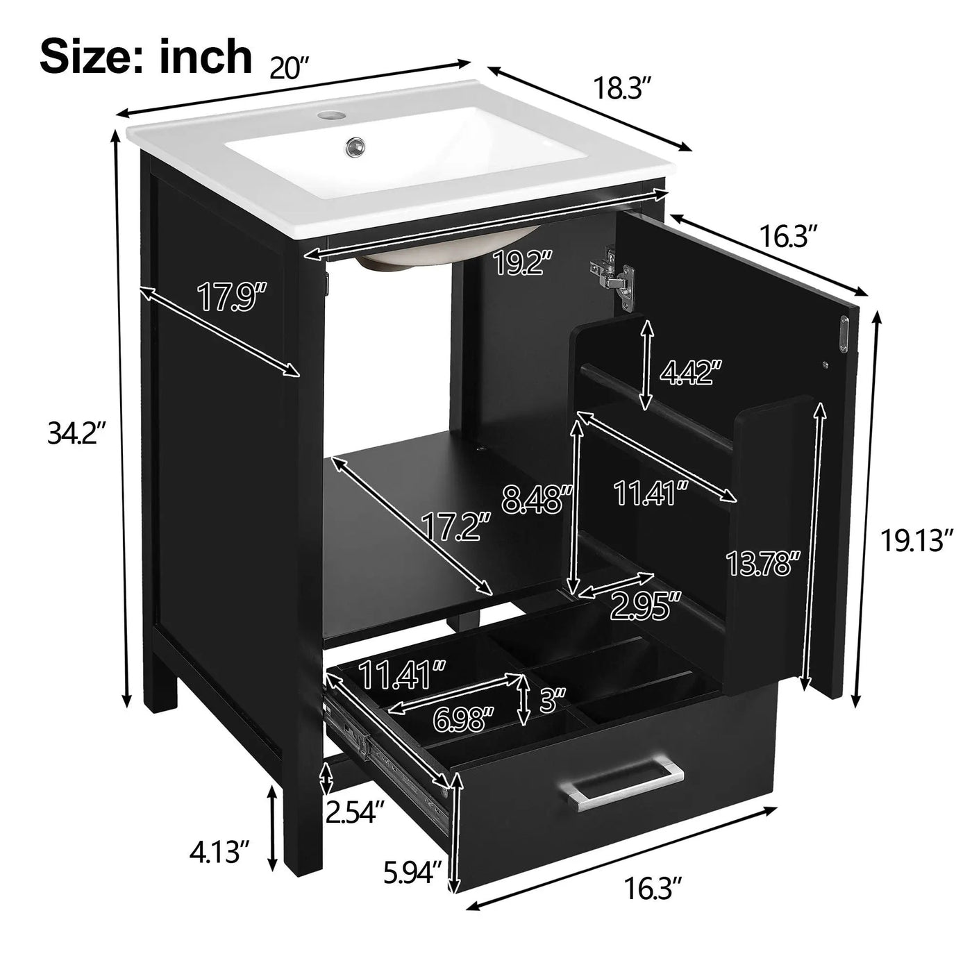 Bathroom Vanity With Ceramic Sink, Soft Close Drawers, Door Organizer, Divider Drawer, Adjustable Foot Pads by Unique Piece Furniture