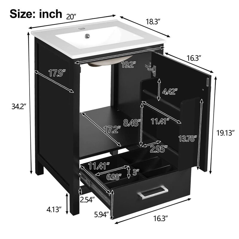Bathroom Vanity With Ceramic Sink, Soft Close Drawers, Door Organizer, Divider Drawer, Adjustable Foot Pads by Unique Piece Furniture