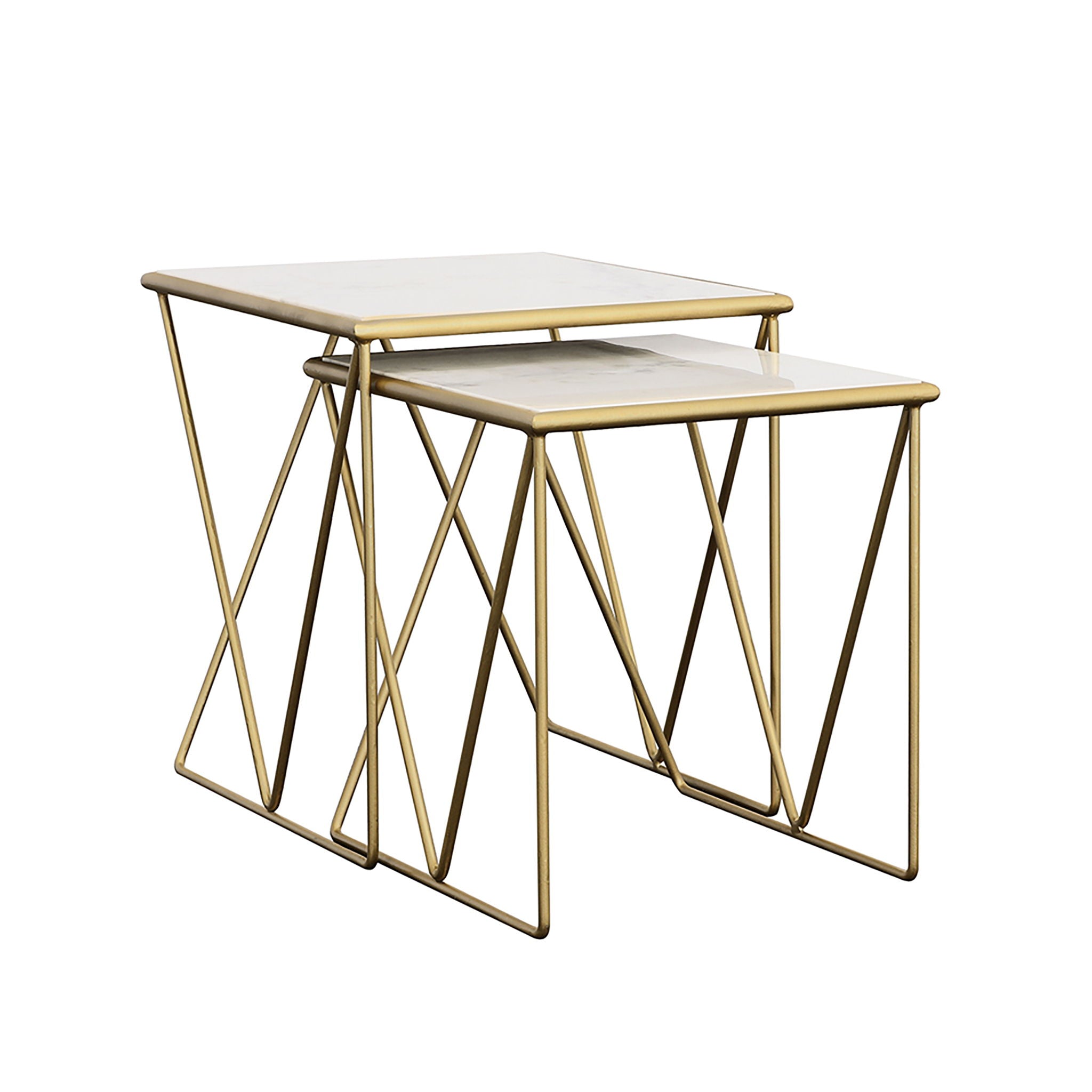 Sinclair - 2 Piece Nesting Table Set With Iron And Luxurious Marble Surface - White / Gold by HouseOfZazla