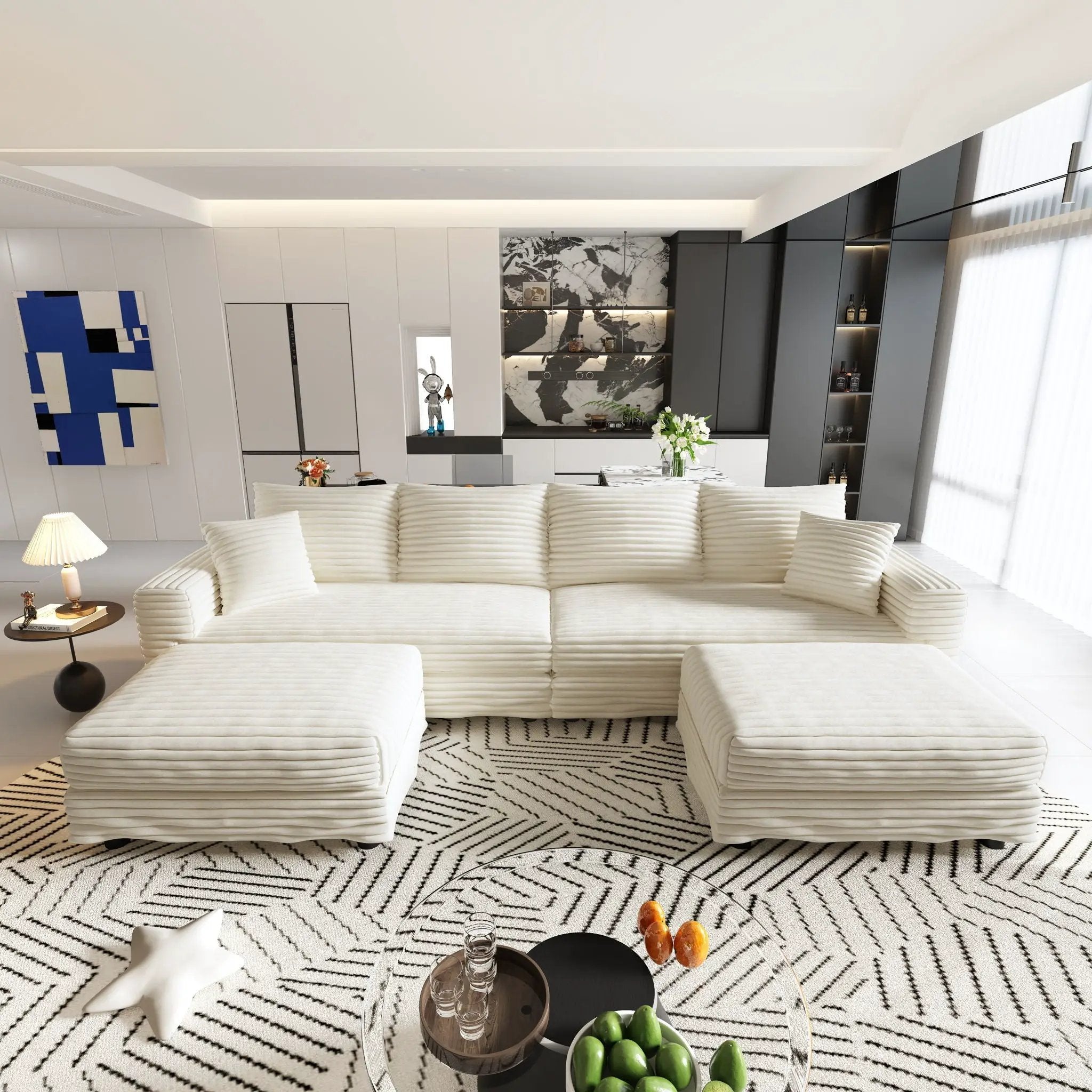 Deep Seat Convertible Sofa With Soft Pillows And Ottomans