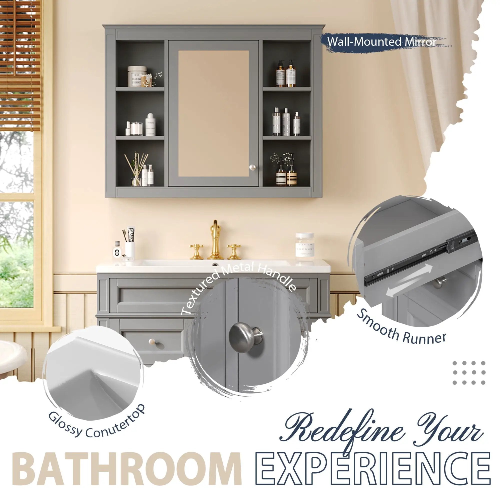 Bathroom Vanity With Mirror Cabinet, Single Sink With 2 Soft Closing Doors And 4 Drawers by Unique Piece Furniture